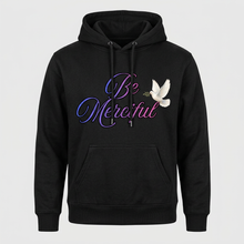 Load image into Gallery viewer, Black hoodie with cursive Be Merciful design and white dove