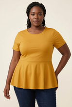 Load image into Gallery viewer, Plus-size model wearing a mustard short-sleeve peplum top
