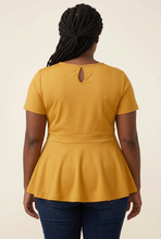 Load image into Gallery viewer, Matching back view of the model wearing the mustard peplum top