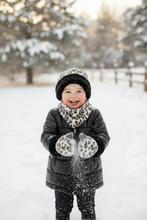 Load image into Gallery viewer, Toddler in black coat, no snow on mittens